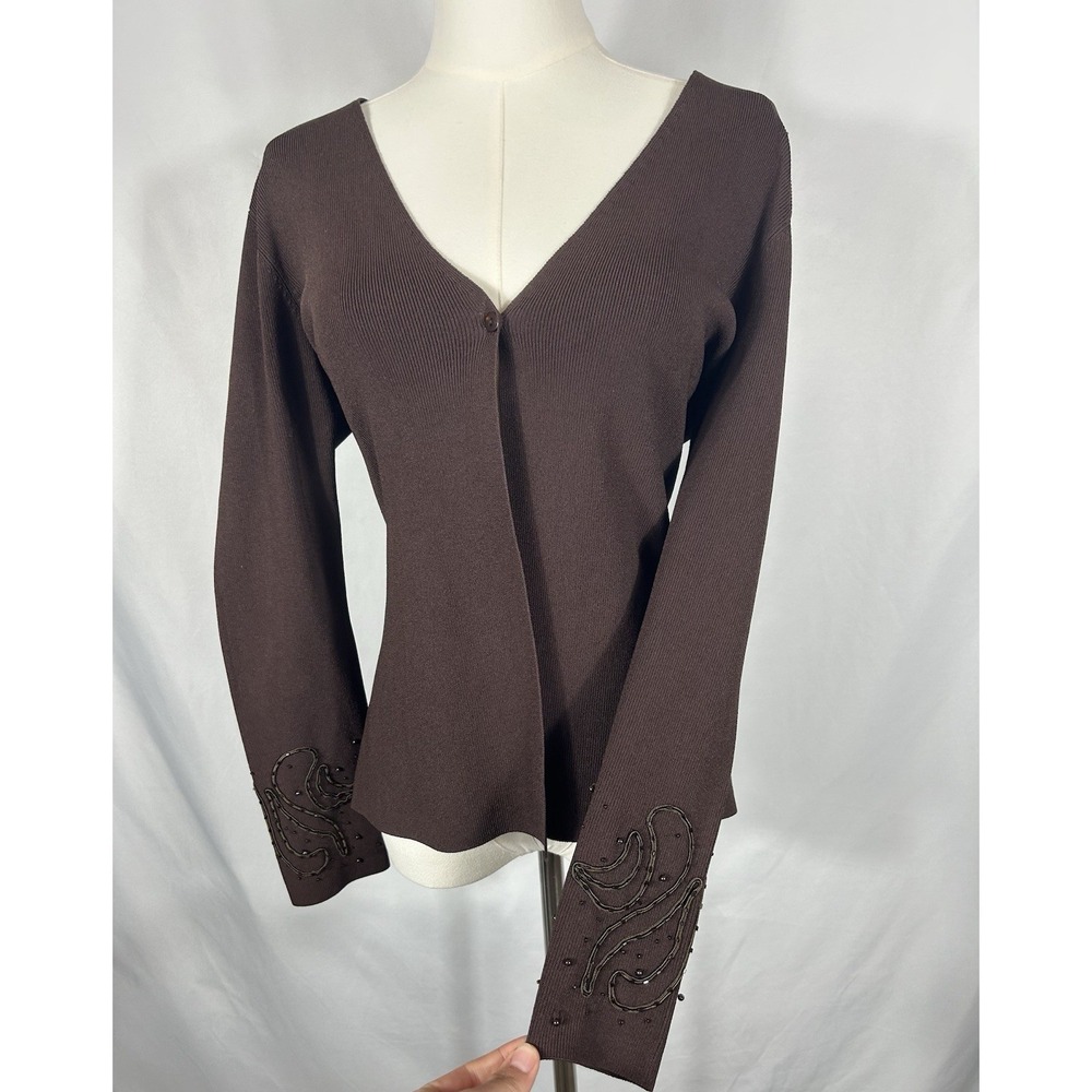 VTG Cyrus One Button Beaded Cardigan Brown Boho Forest Fairy Goth Witchy Size L